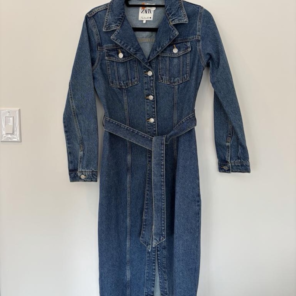 Zara Dark Blue Denim Button-Front Midi Dress with Belt